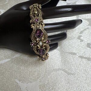 Avon Victorian Style Amethyst Glass Faux Pearl Hinged Bangle Bracelet